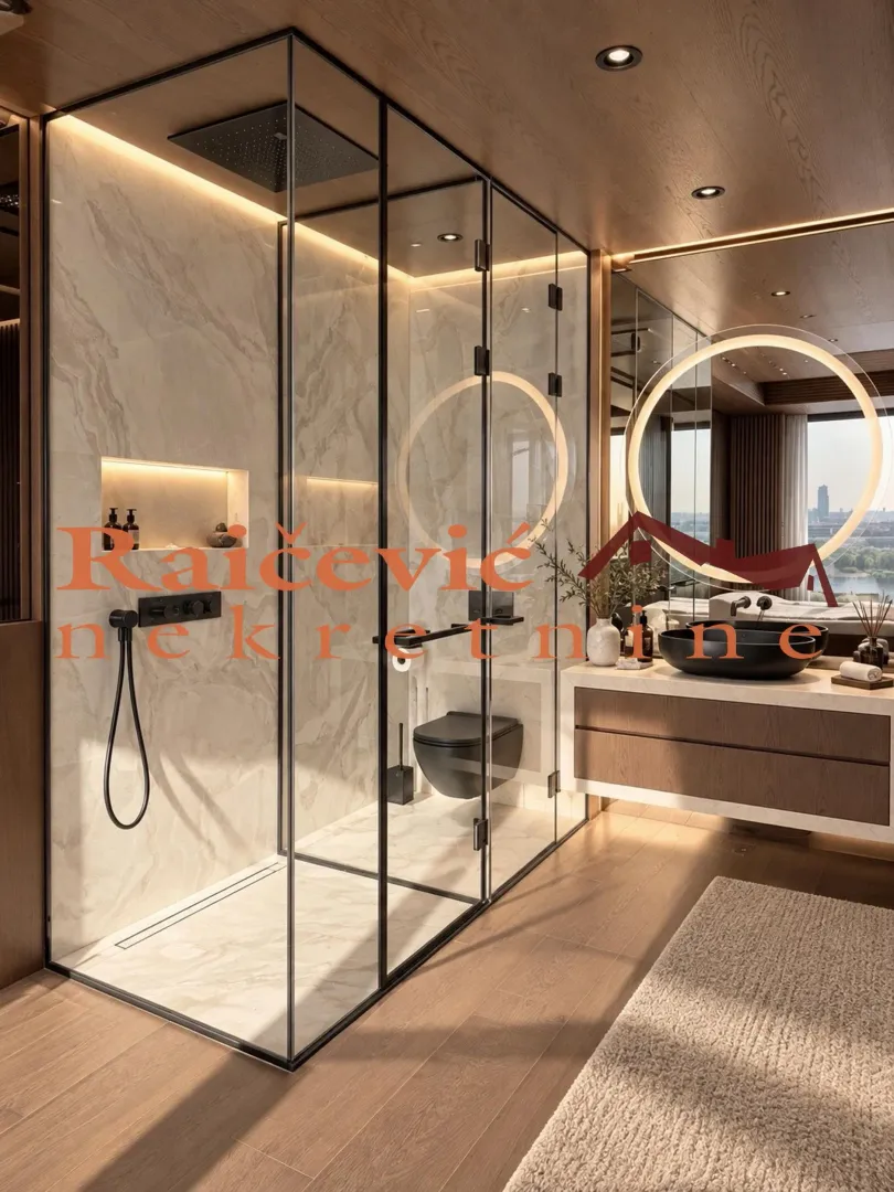 Modernly equipped bathroom with a glass shower cabin and a washbasin.