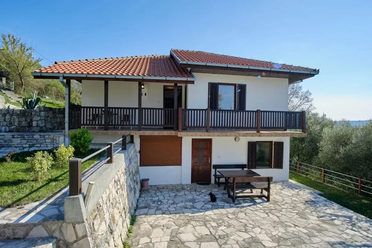 View of the front side of the house with a yard and terrace.