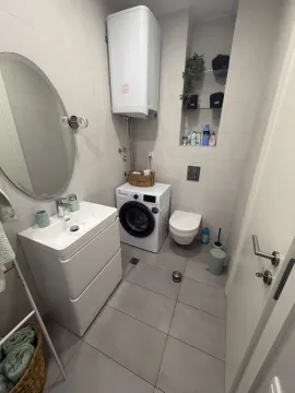 Modernly equipped bathroom with a sink, toilet, and washing machine. - image 10