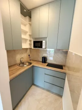 Small kitchen with light-coloured cabinets, sink, and built-in hob. - image 9