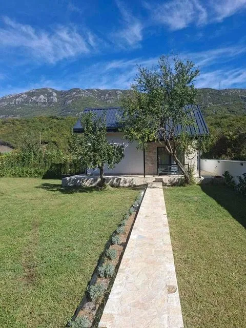 Exterior of the house with landscaped yard, walkway and mountain view.