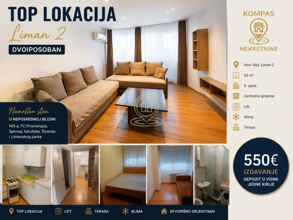 Izdavanje, dvosoban stan, 53m², Liman 2, Novi Sad Sve Podlokacije
