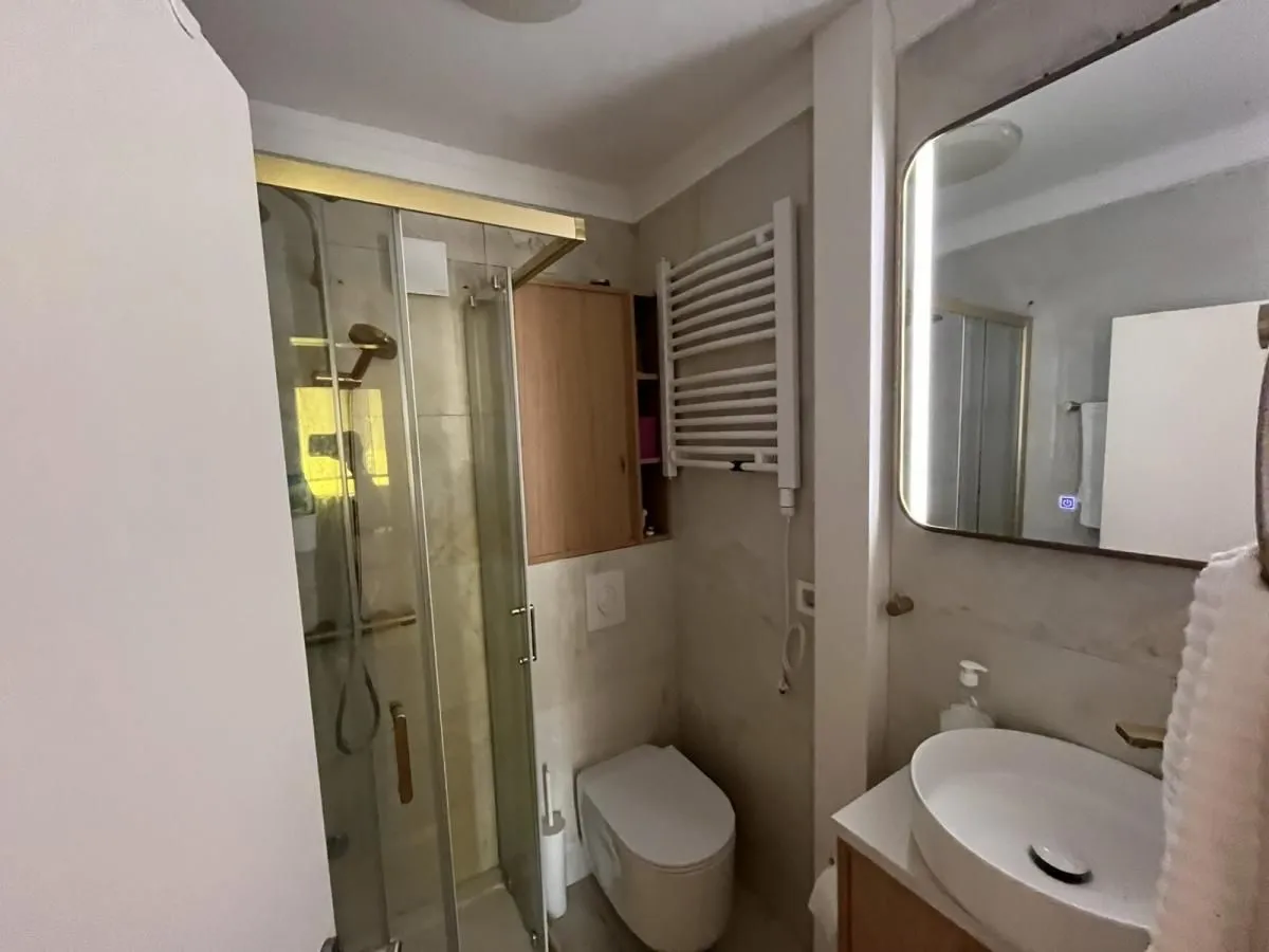 Kupatilo opremljeno tuš kabinom, umivaonikom i wc šoljom.