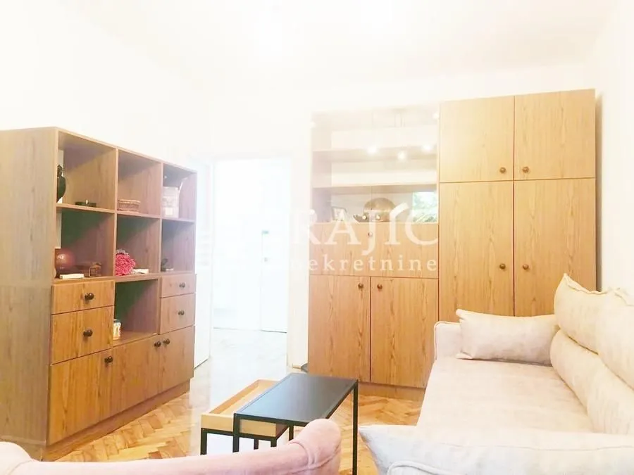 Living room with a sofa and wooden wardrobes.
