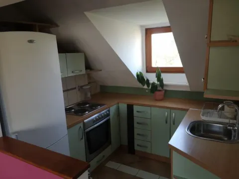 Small attic kitchen with white refrigerator, built-in oven, and a skylight. - image 4
