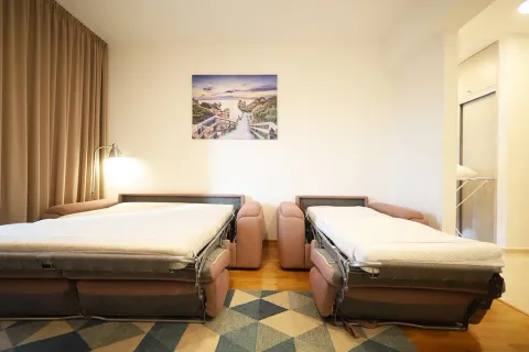 Bedroom with two unfolded sofa beds and a wall painting. - image 16