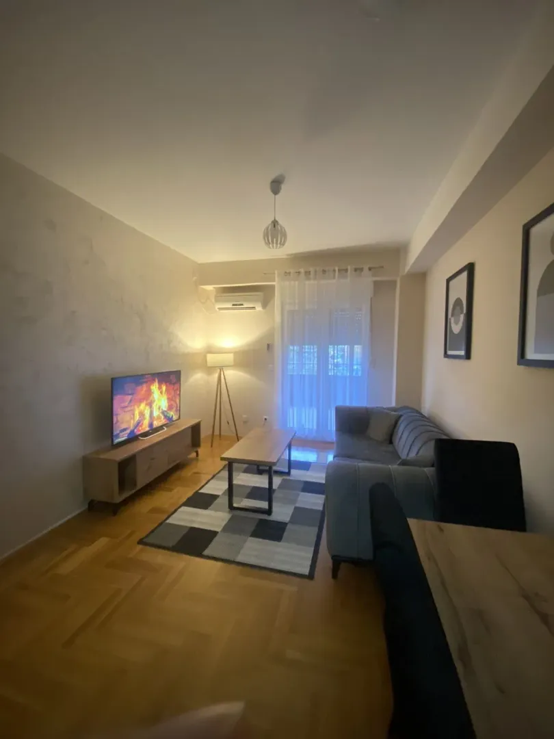 Bright living room with a sofa and a television.