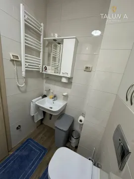 Manje kupatilo opremljeno umivaonikom, toaletom i zidnim ormarićem sa ogledalom. - image 8