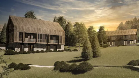 Spoljašnji izgled modernih drvenih kuća sa kamenim temeljom u prirodi. - image 3
