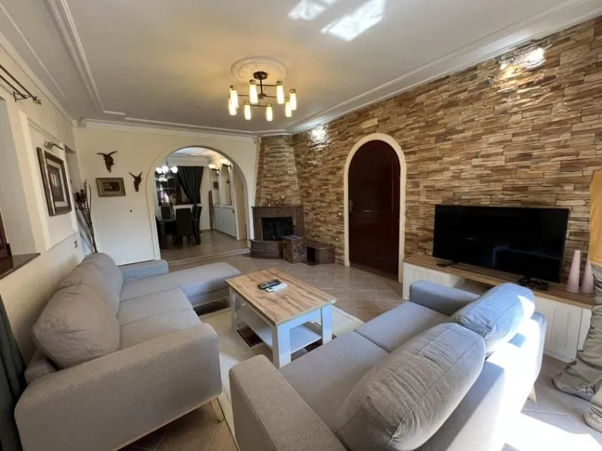 Bright living room featuring comfortable sofas and a decorative stone wall.