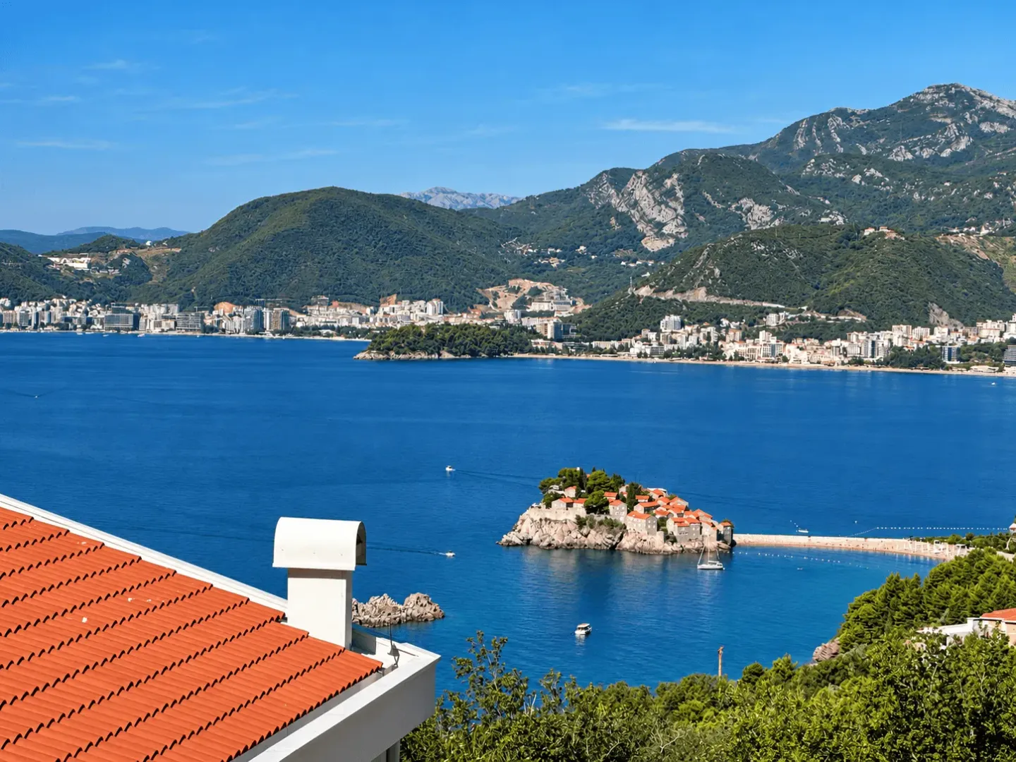 View from the terrace overlooking Sveti Stefan and the coastline.