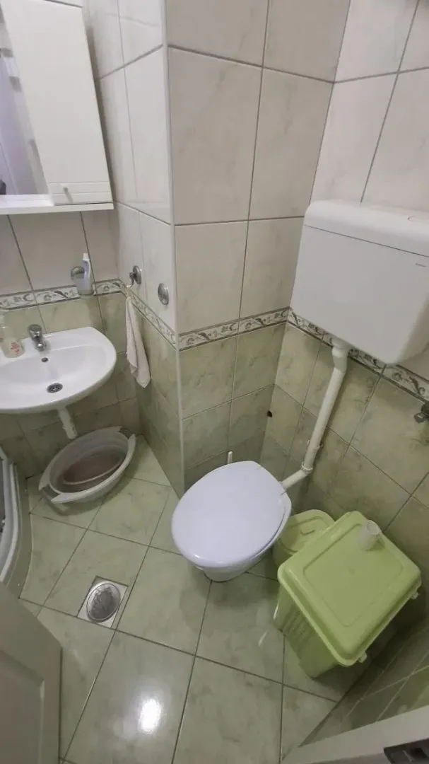 Manje kupatilo sa umivaonikom i toaletom obloženo keramičkim pločicama.