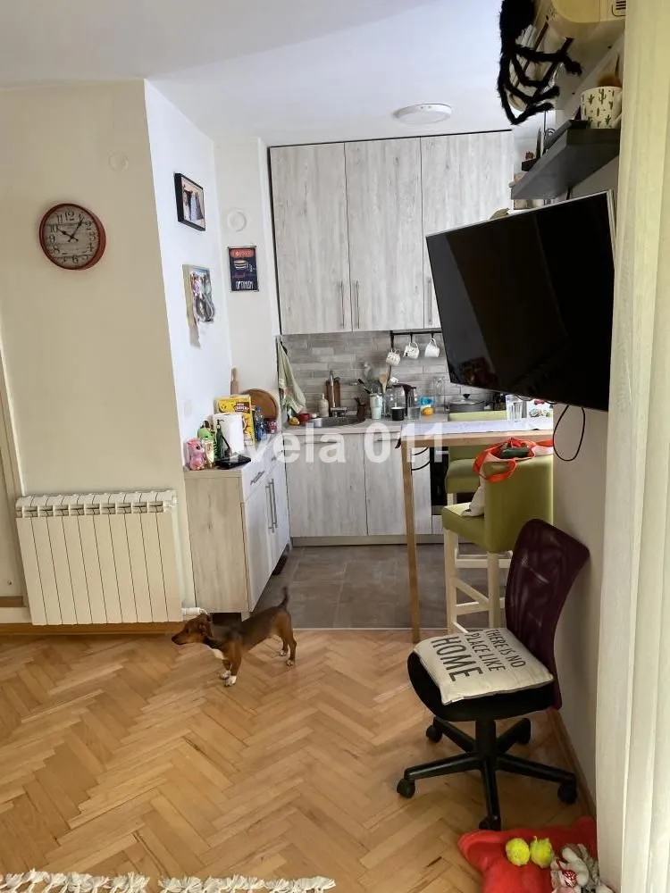Manja kuhinja sa elementima u drvenom dezenu i trpezarijskim delom.