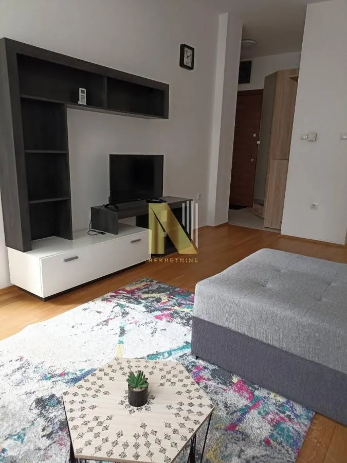 Dnevna soba sa garniturom, TV komodom i šarenim tepihom.