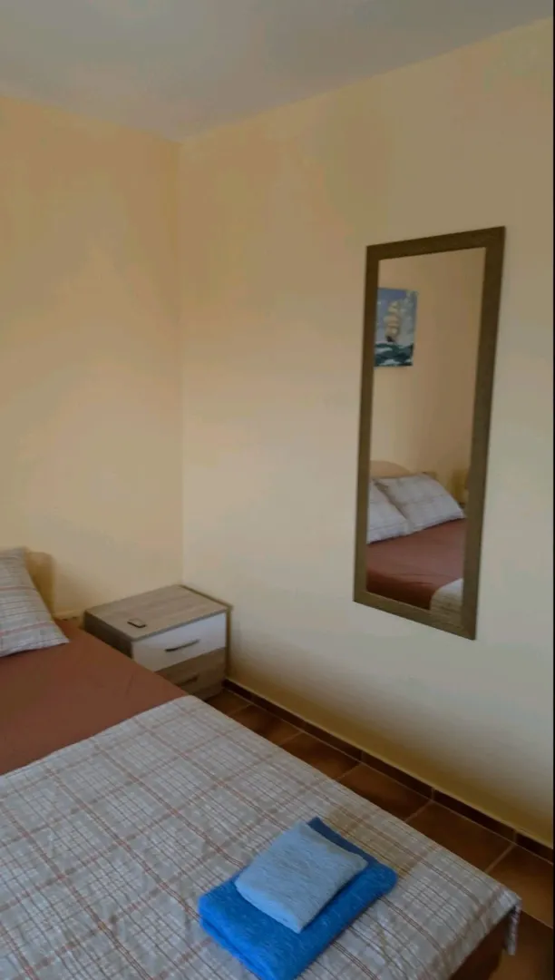 Furnished bedroom with a bed and a wall mirror.