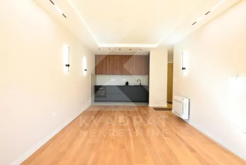 Long space with a kitchen at the far end and wooden flooring. - image 13
