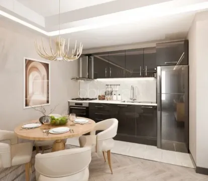 Modern kitchen with a dining area and dark kitchen cabinets. - image 9