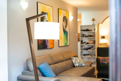 Bright living room featuring a leather sofa and a decorative floor lamp. - image 32