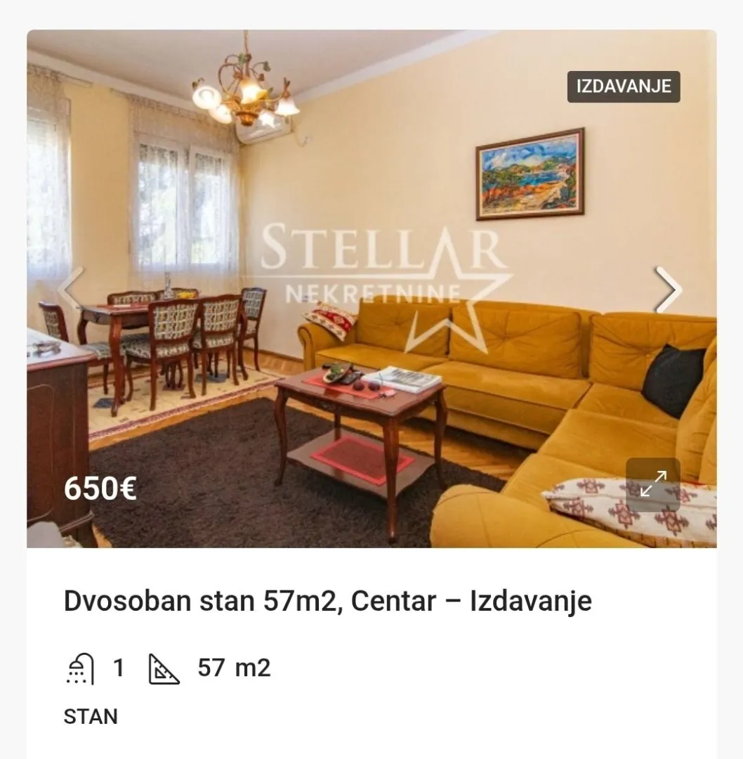Izdavanje, dvosoban stan, 57m², Centar, Podgorica