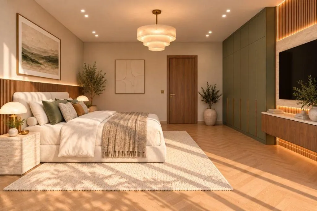 Modern and bright bedroom with a double bed, wardrobe, and television.