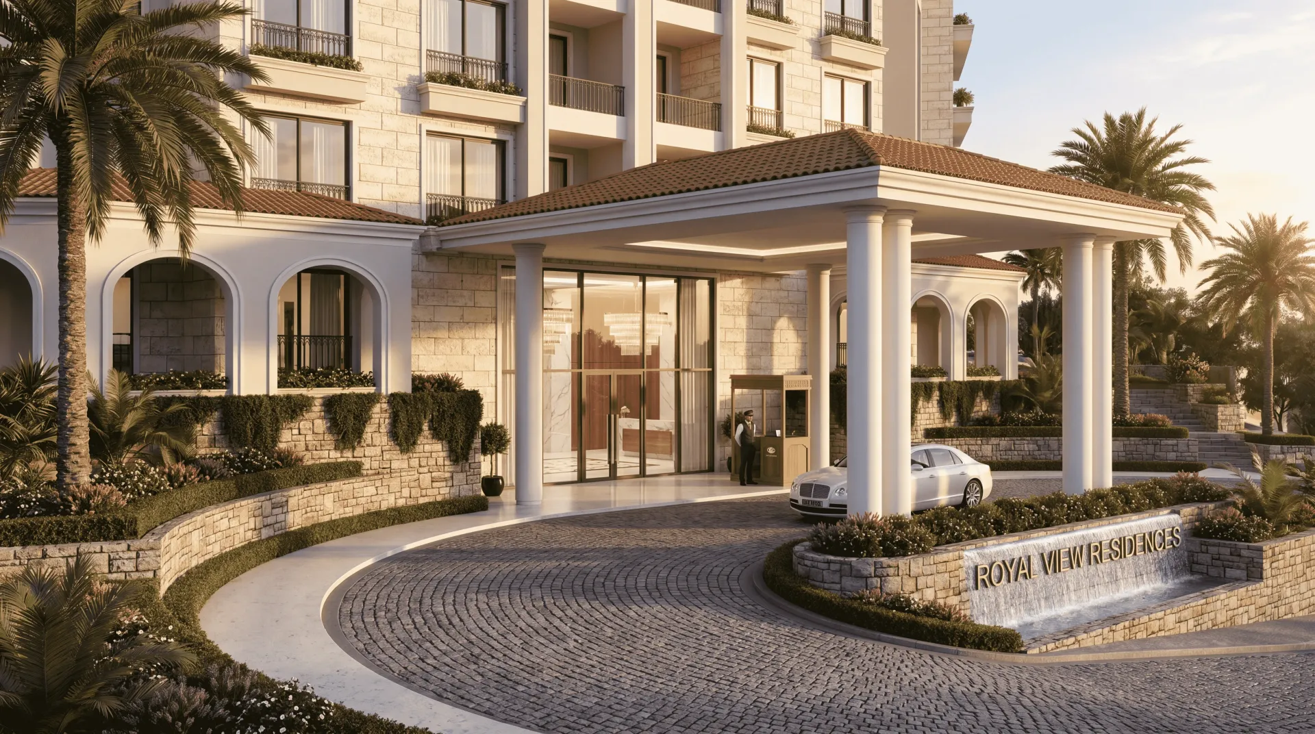 Glavni ulaz i prilaz zgrade sa natpisom Royal View Residences.