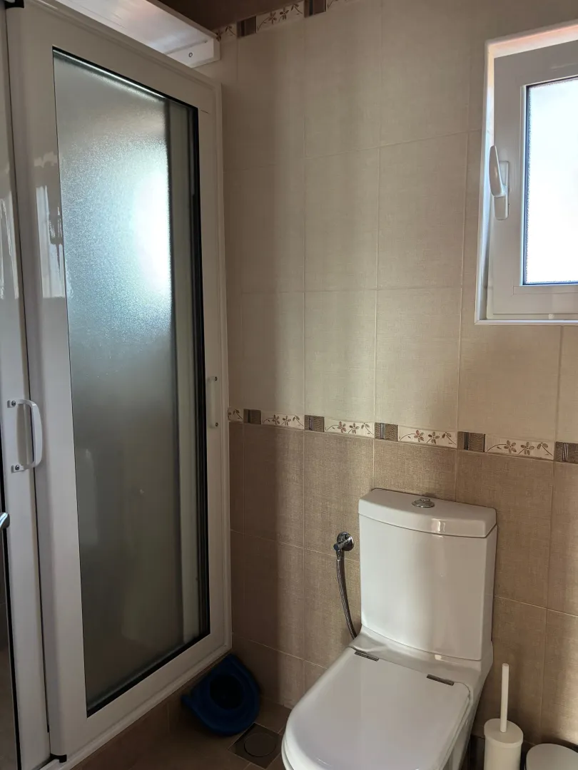 View of the bathroom with a shower cabin and toilet.