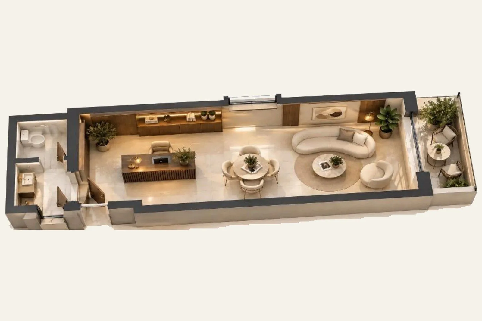 Three-dimensional layout of the apartment with furniture.