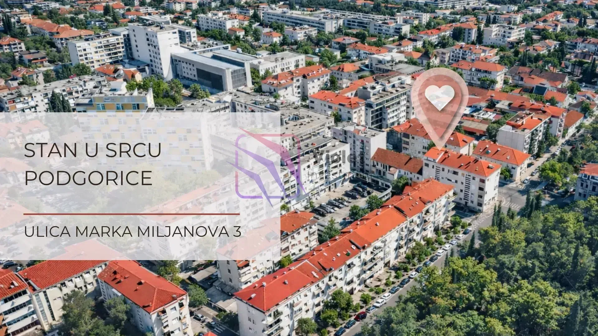 Pogled iz vazduha na gradsku četvrt sa označenom lokacijom nekretnine.
