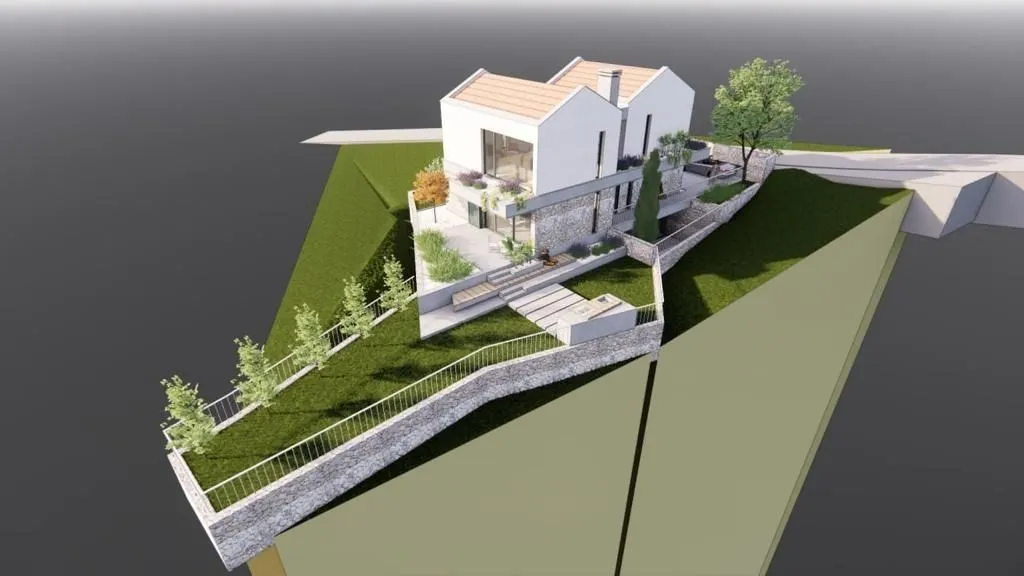 3D render moderne kuće sa uređenim dvorištem i terasama na terenu.