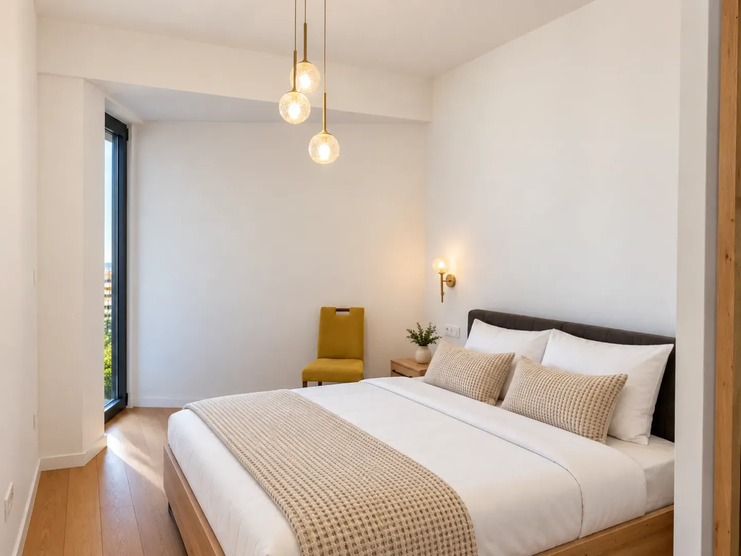 Bright and tidy bedroom with a double bed and wooden flooring.