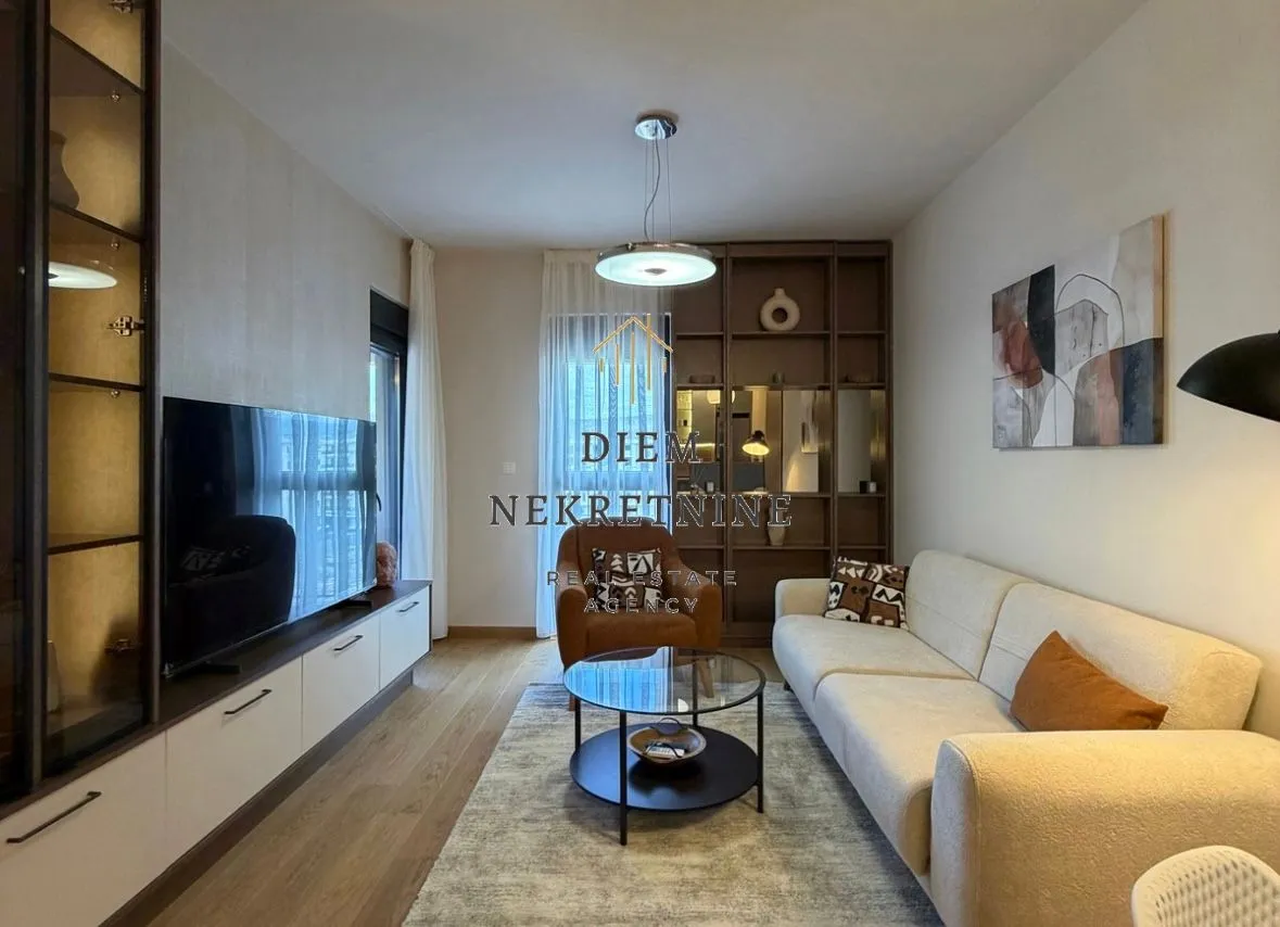 Modern and bright living room with a sofa and TV unit.