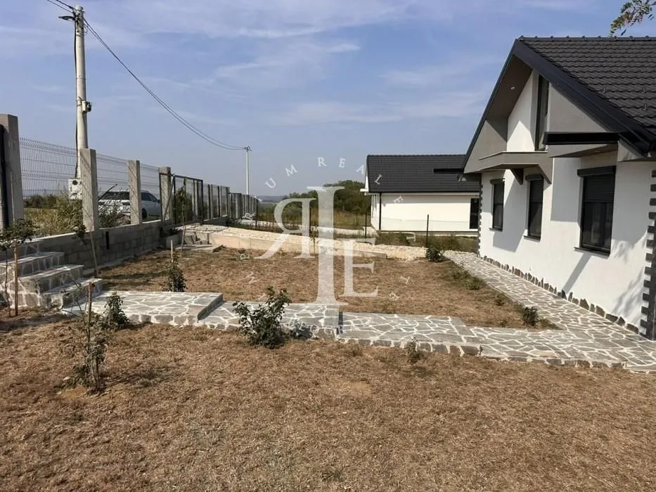 View of the yard and exterior of the house with paved pathways.