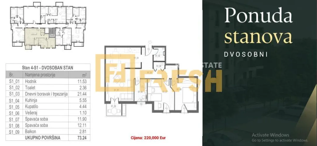 Prodaja, dvosoban stan, 73m², Tološi, Podgorica