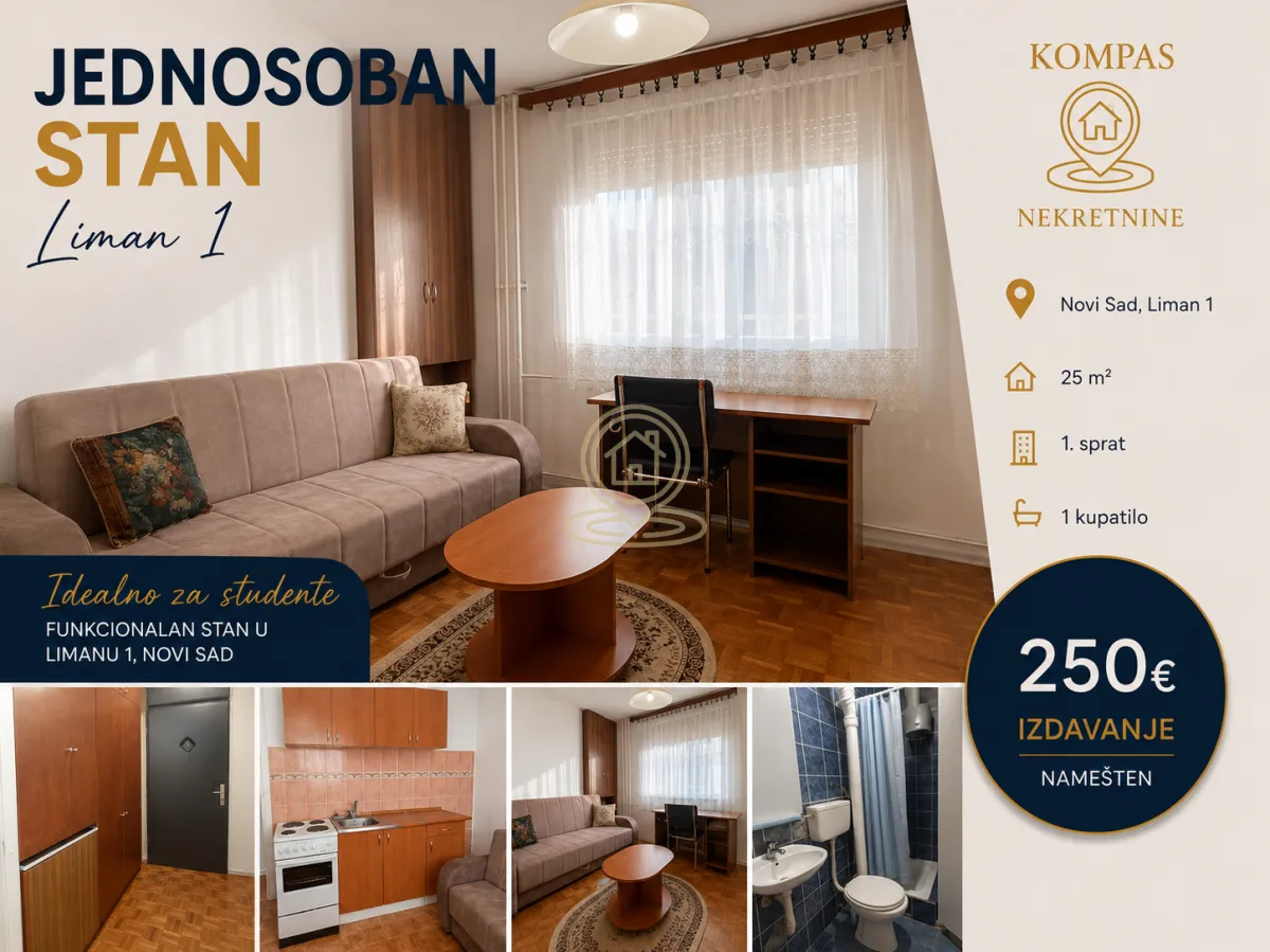 Izdavanje, jednosoban stan, 25m², Liman 1, Novi Sad Sve Podlokacije
