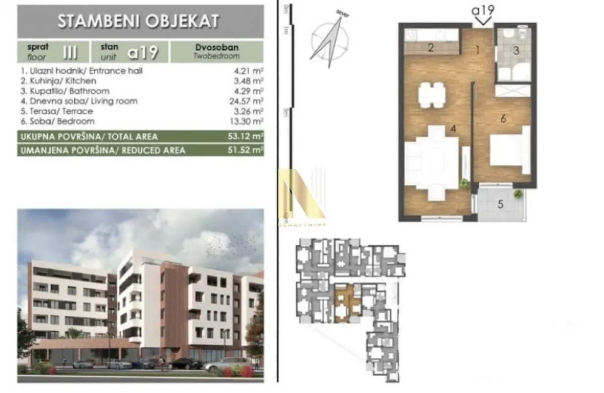 Sale, two bedroom apartment, 51m², Bulevar patrijarha Pavla, Novi Sad Sve Podlokacije