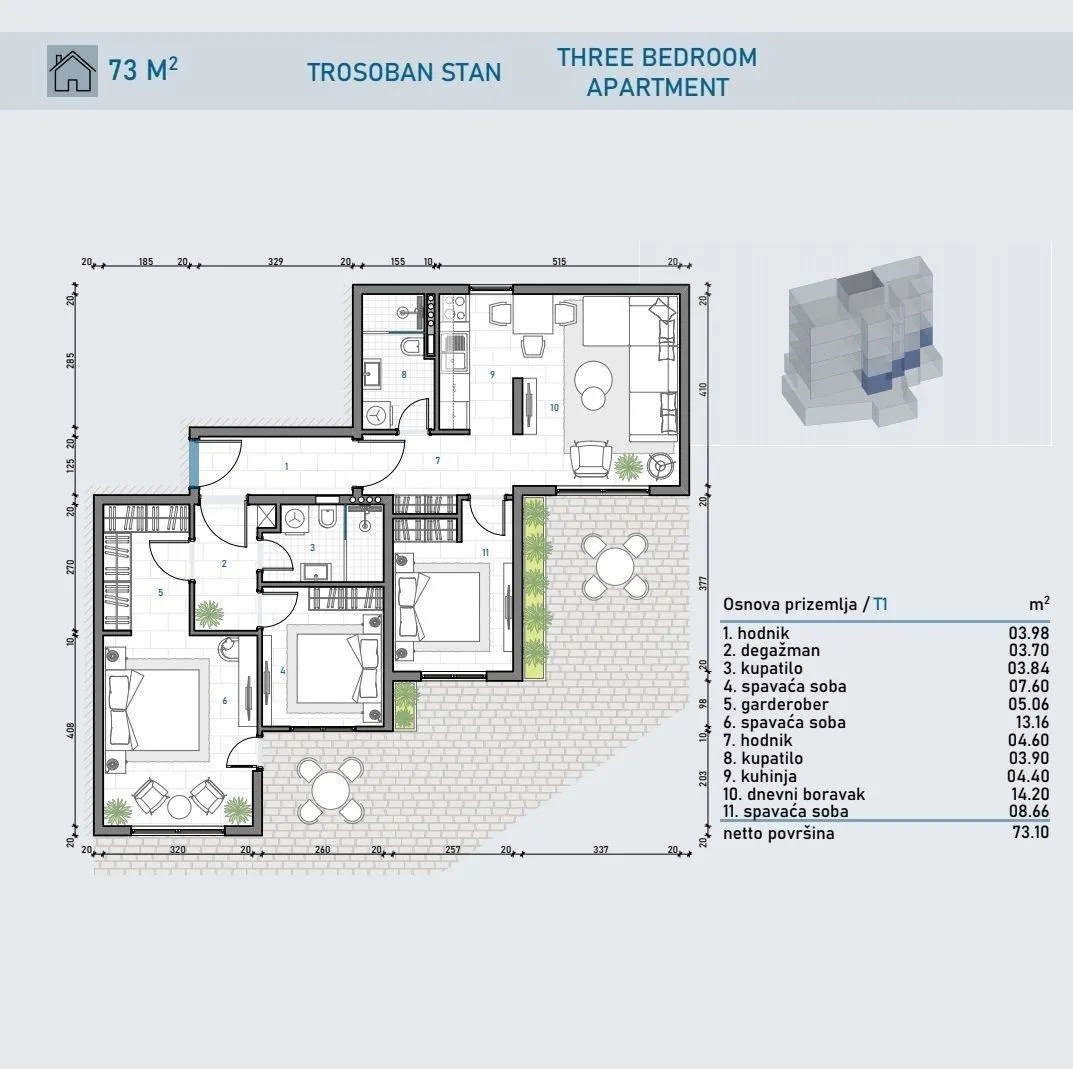 Sale, three bedroom apartment, 73m², Herceg Novi, Crna Gora