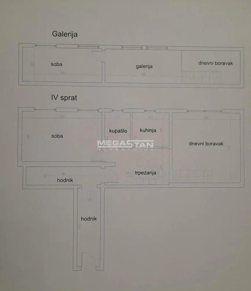 Floor plan of the apartment showing the layout of rooms on two levels.