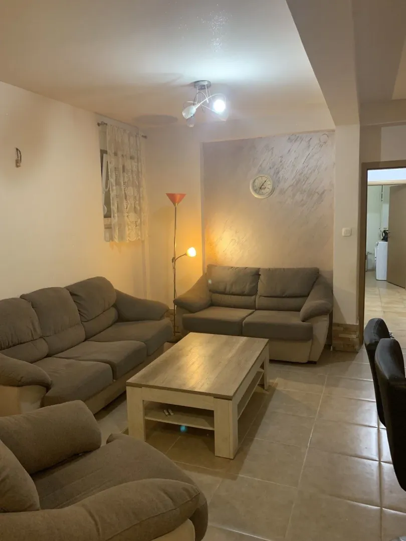 Living room with sofas and a wooden coffee table.