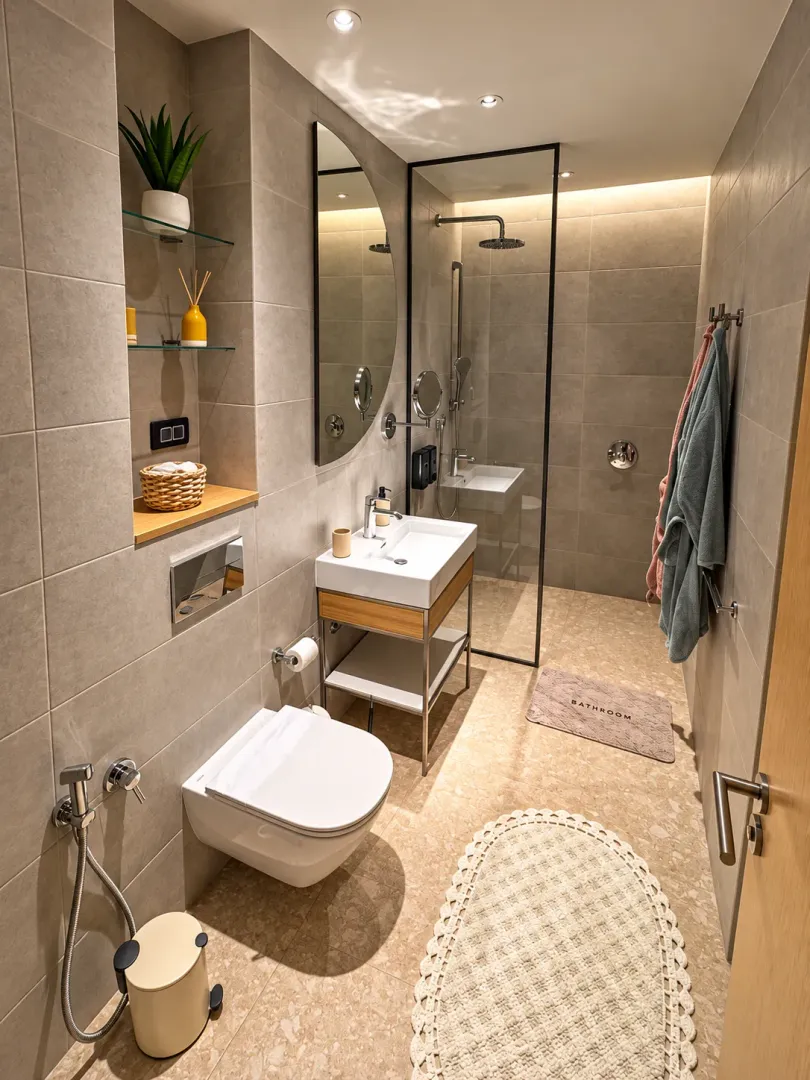 Moderno opremljeno kupatilo sa tuš kabinom, umivaonikom i ugradnom wc šoljom.