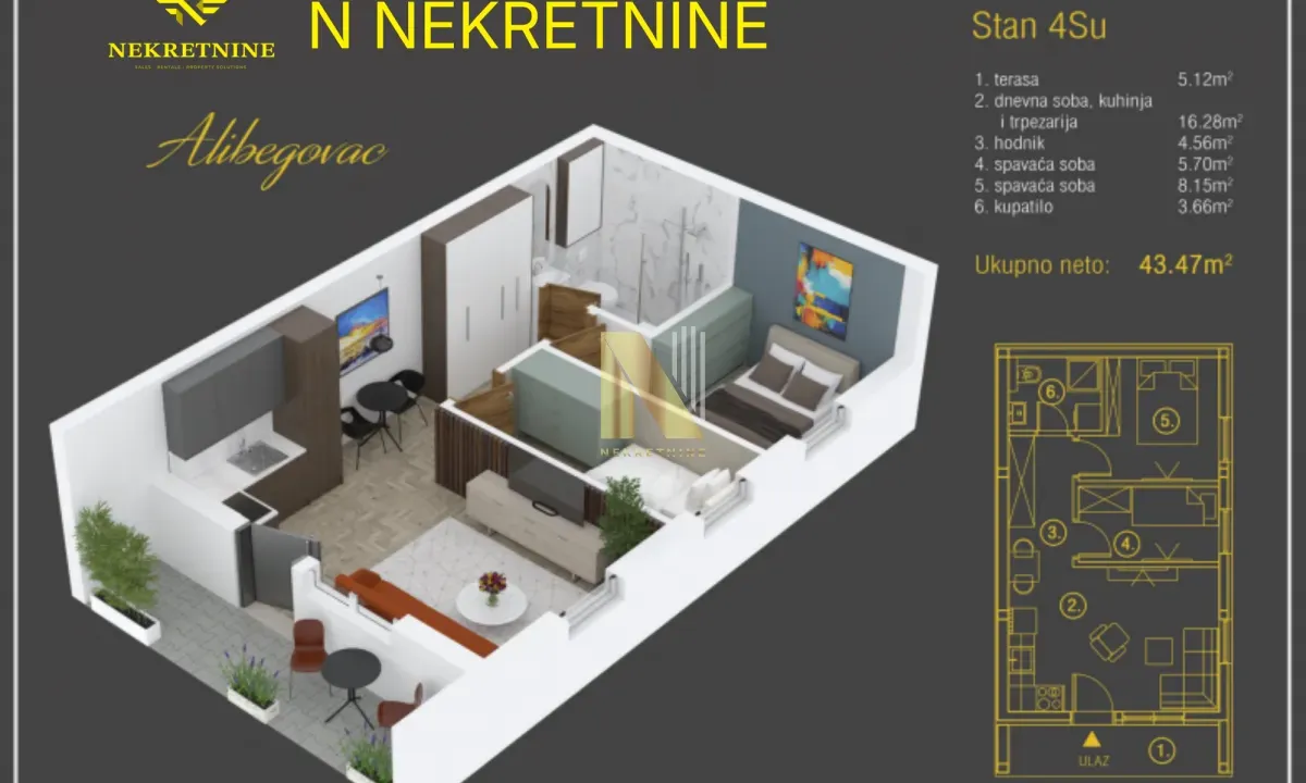 Sale, two bedroom apartment, 43m², Alibegovac, Petrovaradin