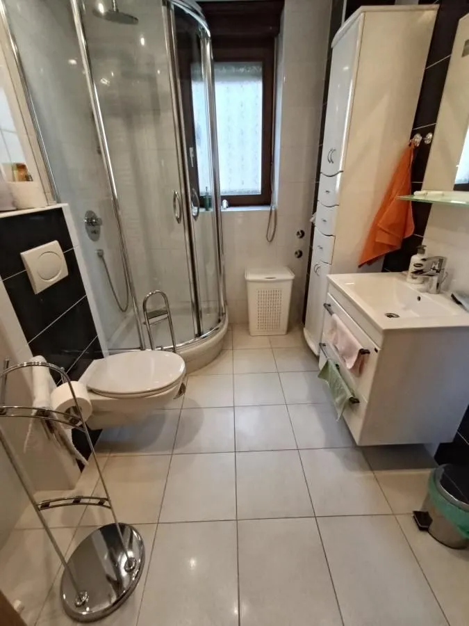 Kupatilo opremljeno tuš kabinom, umivaonikom i toaletom.