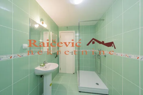 Kupatilo obloženo zelenim pločicama sa umivaonikom i tuš kabinom. - image 13
