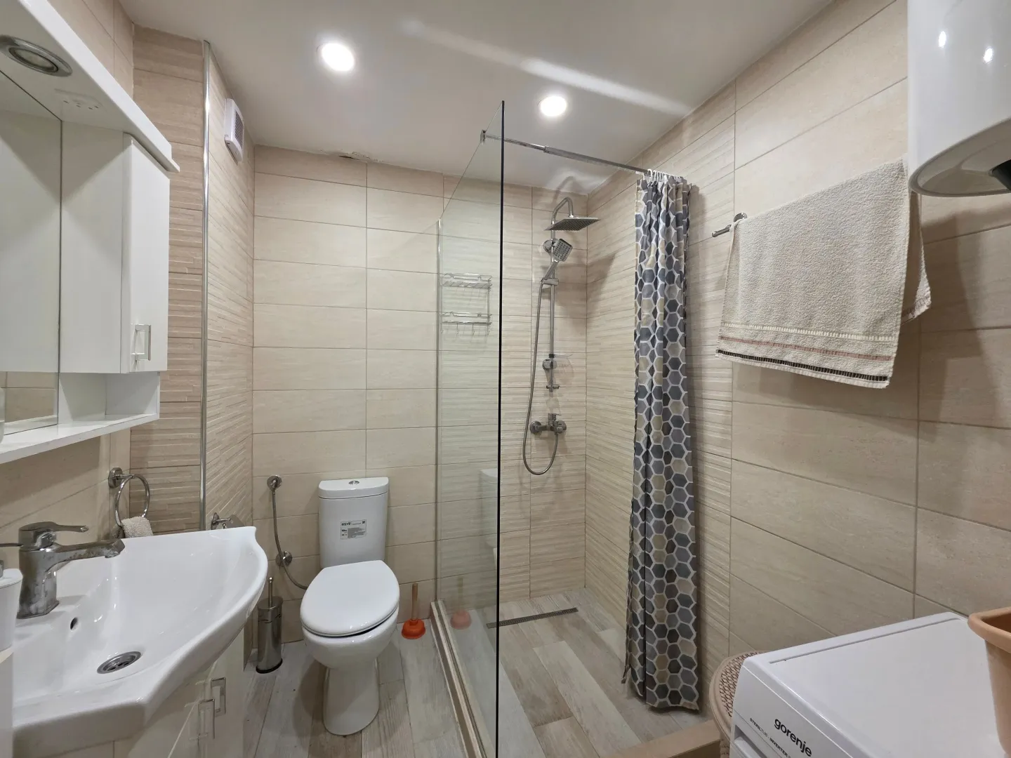 A modern equipped bathroom with a walk-in shower, washbasin, and toilet.