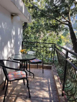Furnished balcony with a table, chairs, and a view of greenery. - image 4