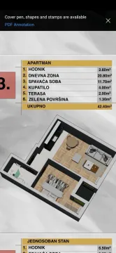 Trodimenzionalni prikaz osnove stana sa rasporedom prostorija i kvadraturom. - image 7