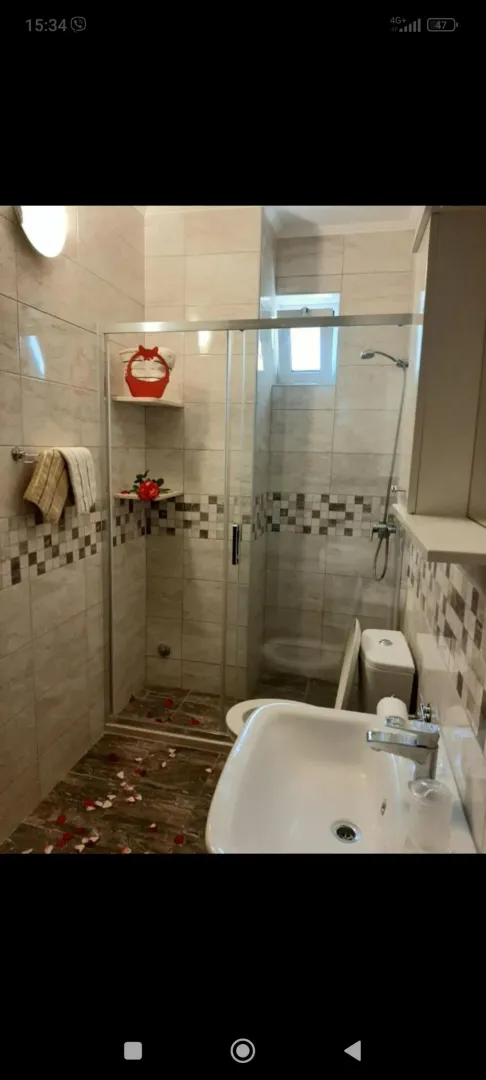 Small bathroom with a walk-in shower, washbasin, and toilet.