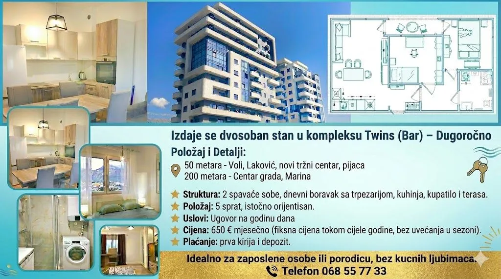 Rent, two bedroom apartment, 54m², Centar, Bar