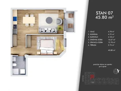 Sale, two bedroom apartment, 45m², Centar, Novi Sad - image 2