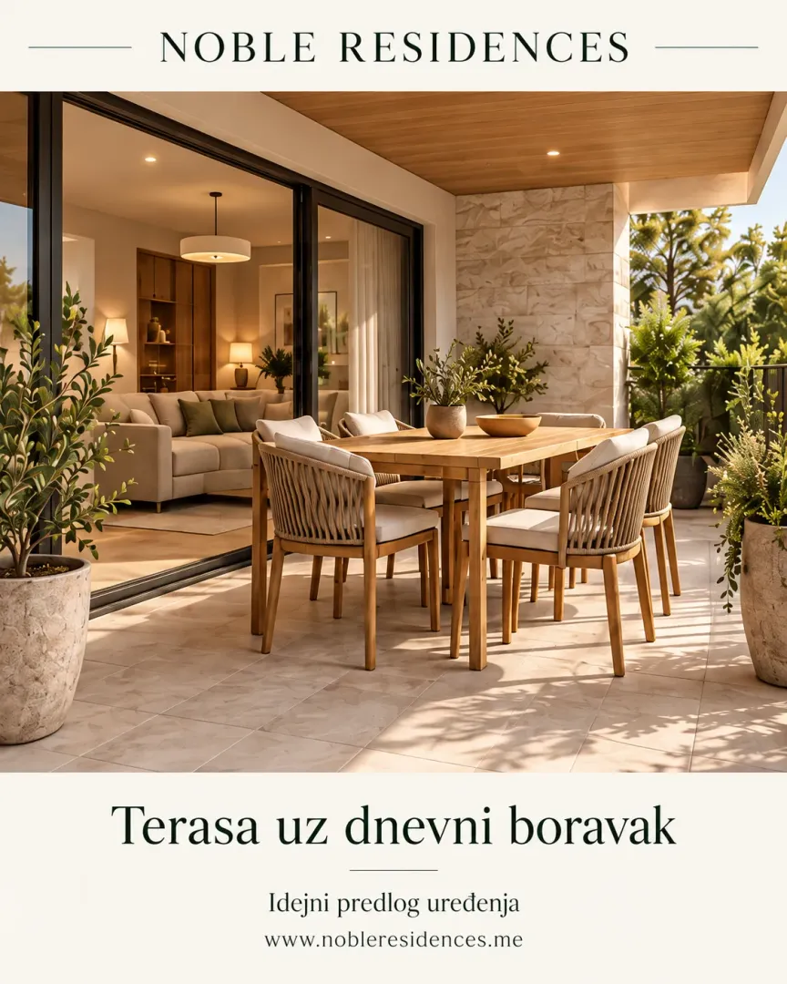 Furnished terrace with a dining table and a view of the living room interior.