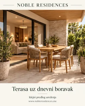 Furnished terrace with a dining table and a view of the living room interior. - image 9